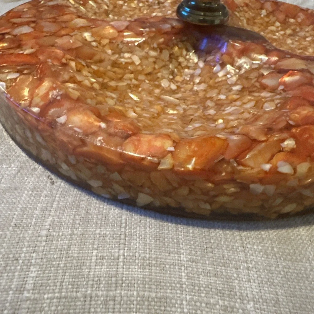 Vintage Mother Of Pearl Lucite Trinket/brass Candle Holder Orange Vomit 9